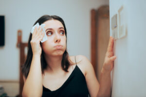 Woman Felling Hot During Summer Setting Her Thermostat