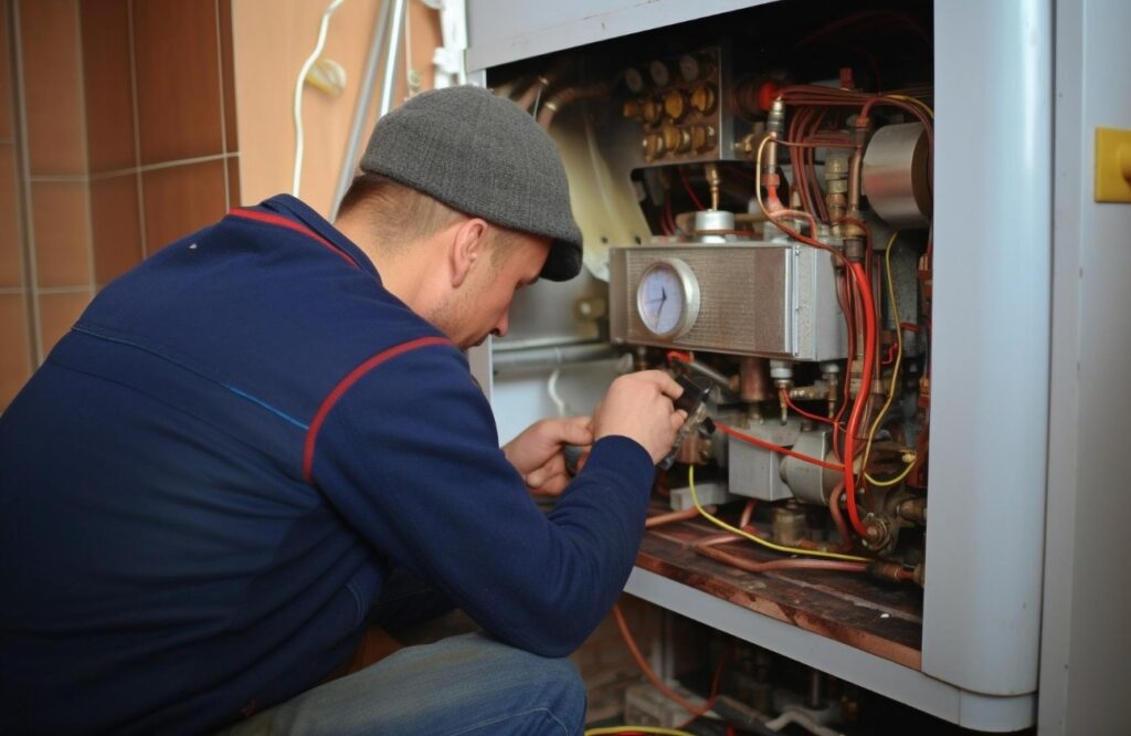 A man is working on a gas furnace, emphasizing his role in heating system maintenance.