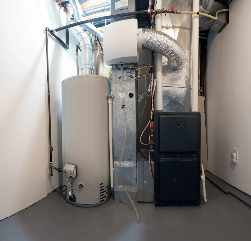 A home high efficiency furnace with a residential gas water heater & humidifier