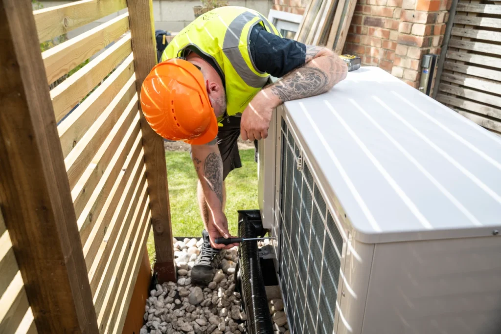 A man is working on a heating unit, emphasizing his role in heating system maintenance.